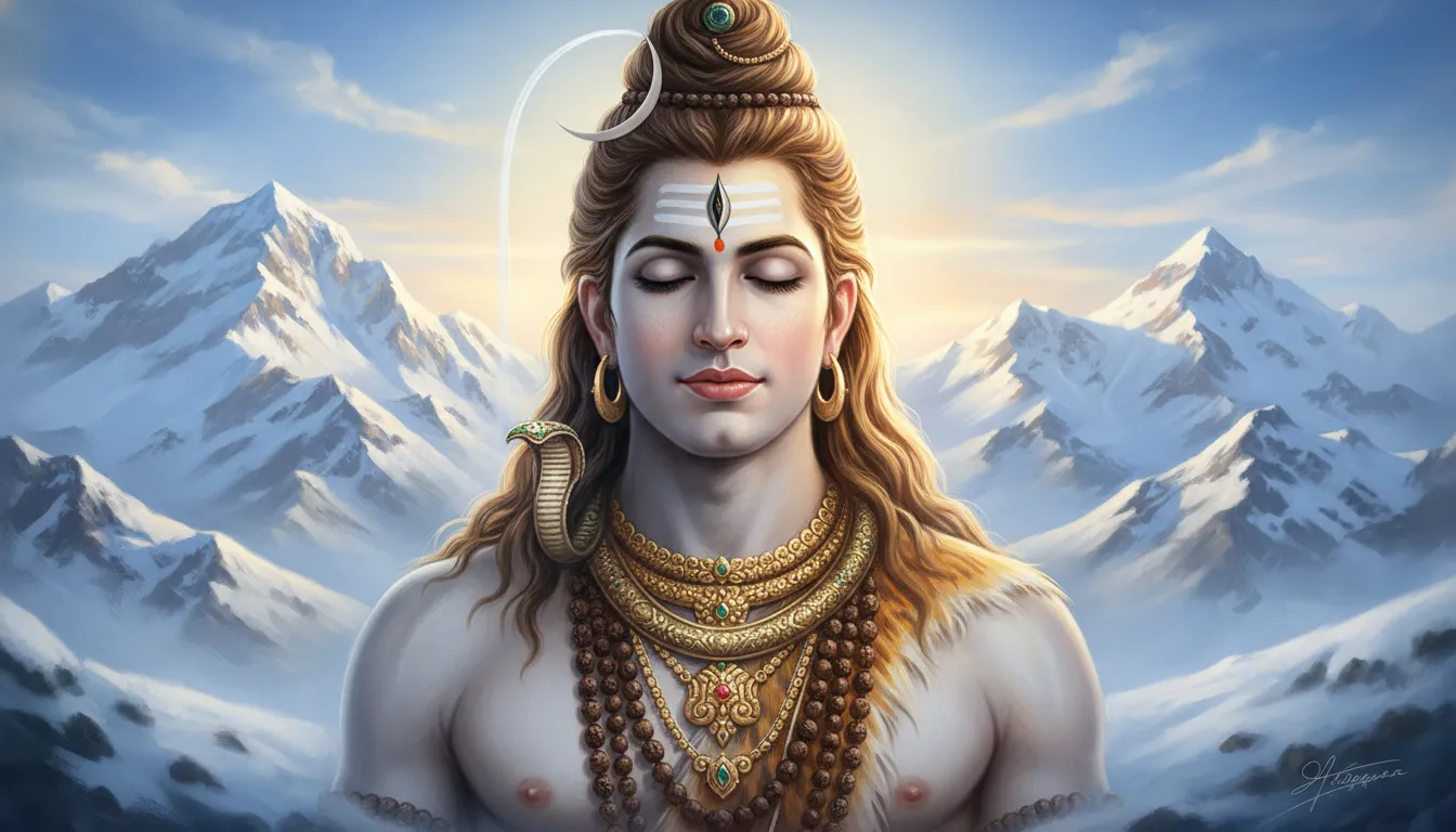 Lord Shiva portrait in deep meditation against the snow-covered Himalayan peaks