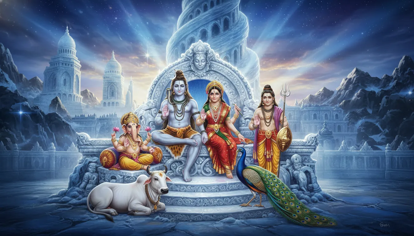 Lord Shiva and Mata Parvati sitting on a stone throne as the royal family of Kailash.