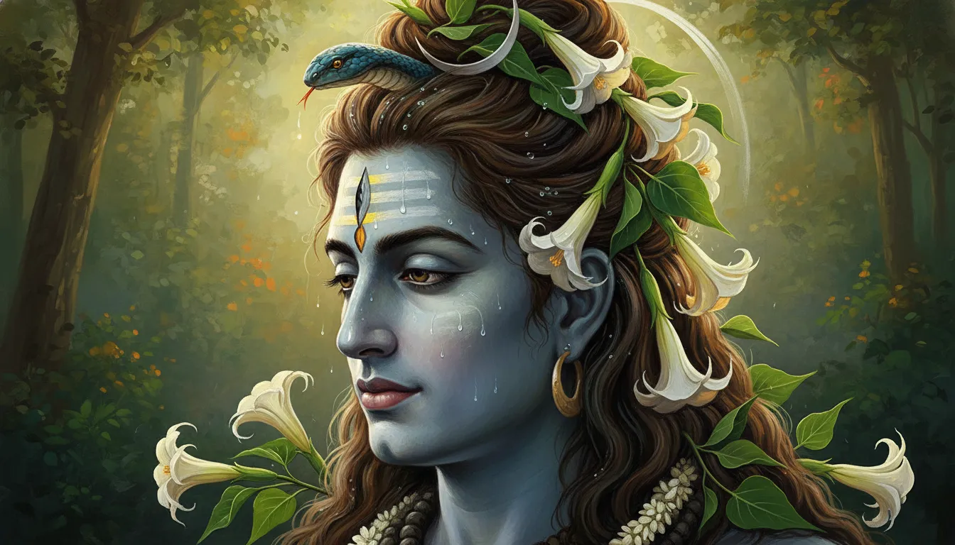 A colorful artwork showing the detailed matted hair of Lord Shiva beautifully adorned with white Datura flowers and Bilva leaves.