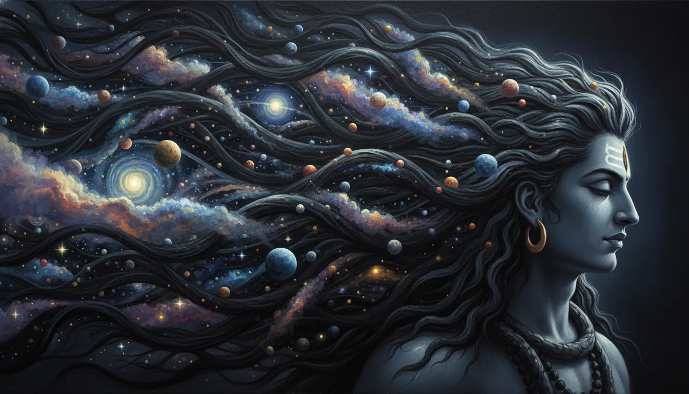 Detailed view of Lord Shiva's matted locks flying outwards, carrying stars and celestial streams.