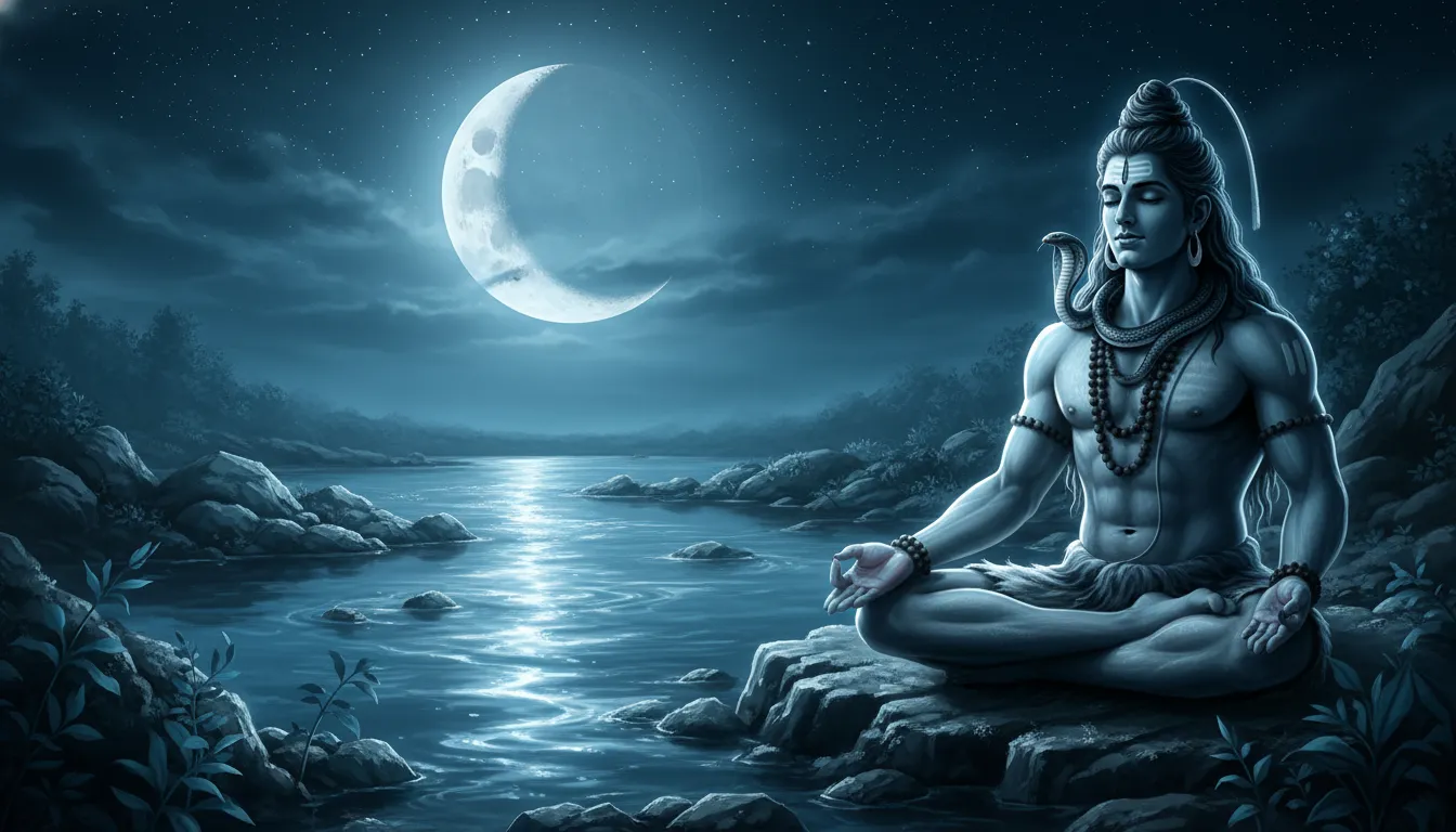 Lord Shiva meditating silently on the banks of a holy river with the crescent moon reflecting in the water.