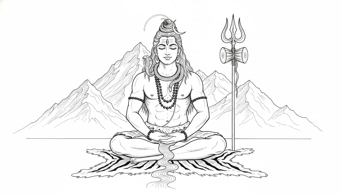 Black and white line art drawing of Lord Shiva meditating in the Himalayas