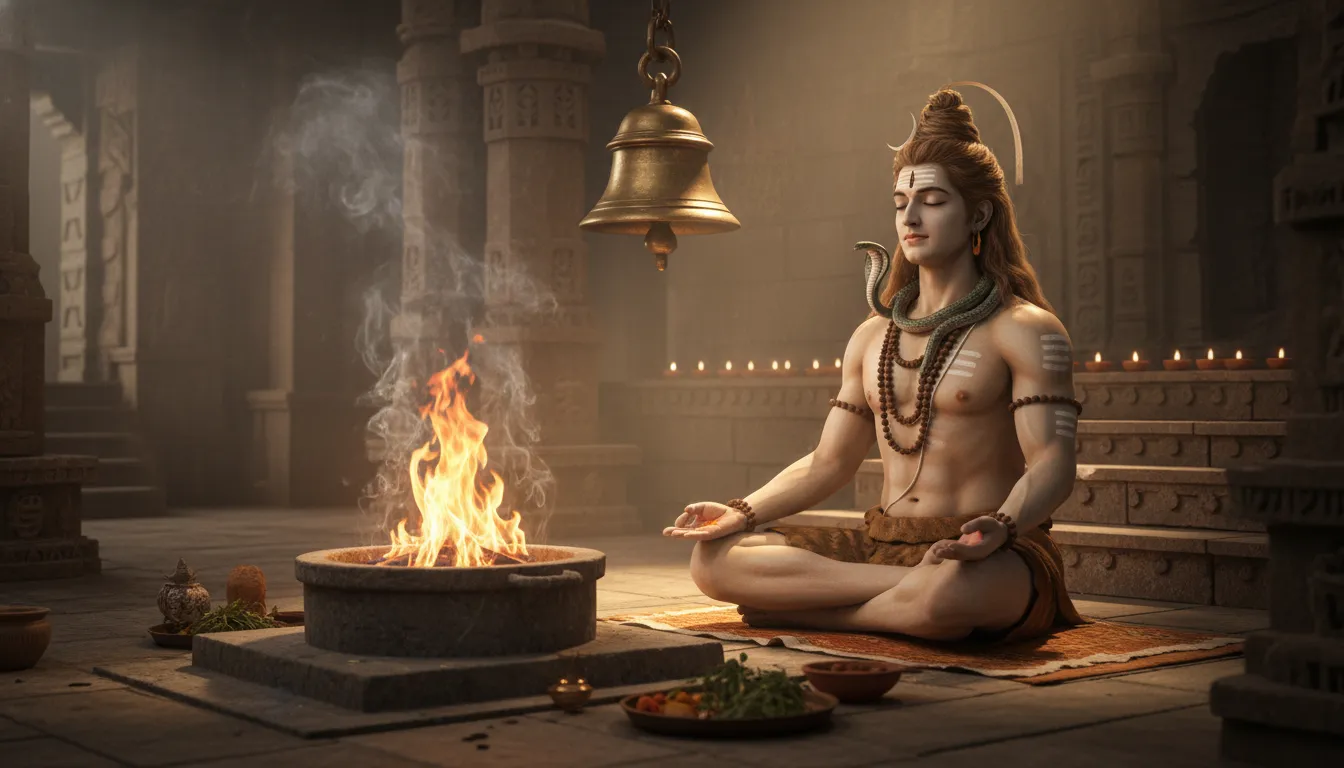 Lord Shiva sitting in meditation next to a glowing sacred fire pit or Havan Kund