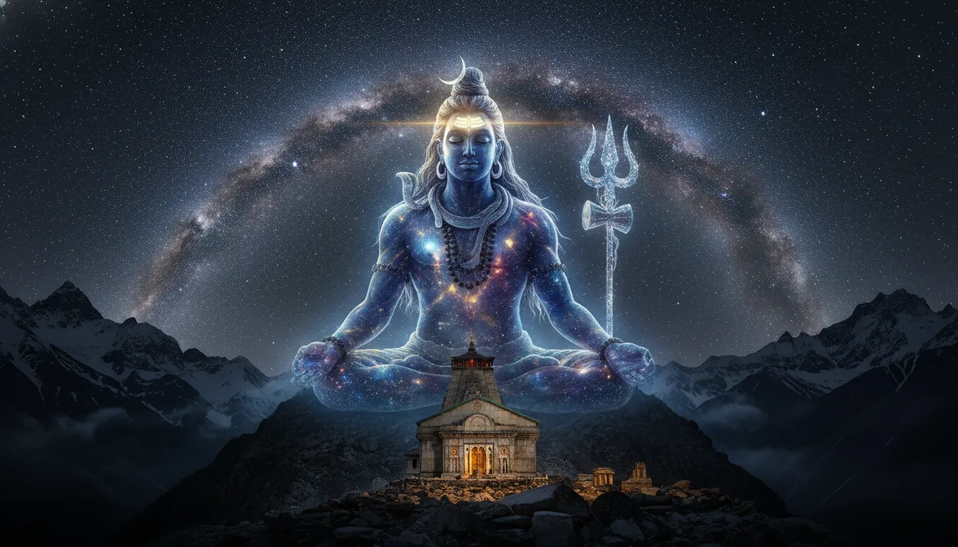 A spiritual concept photo of a translucent Lord Shiva meditating in the sky above the holy Kedarnath temple at night.