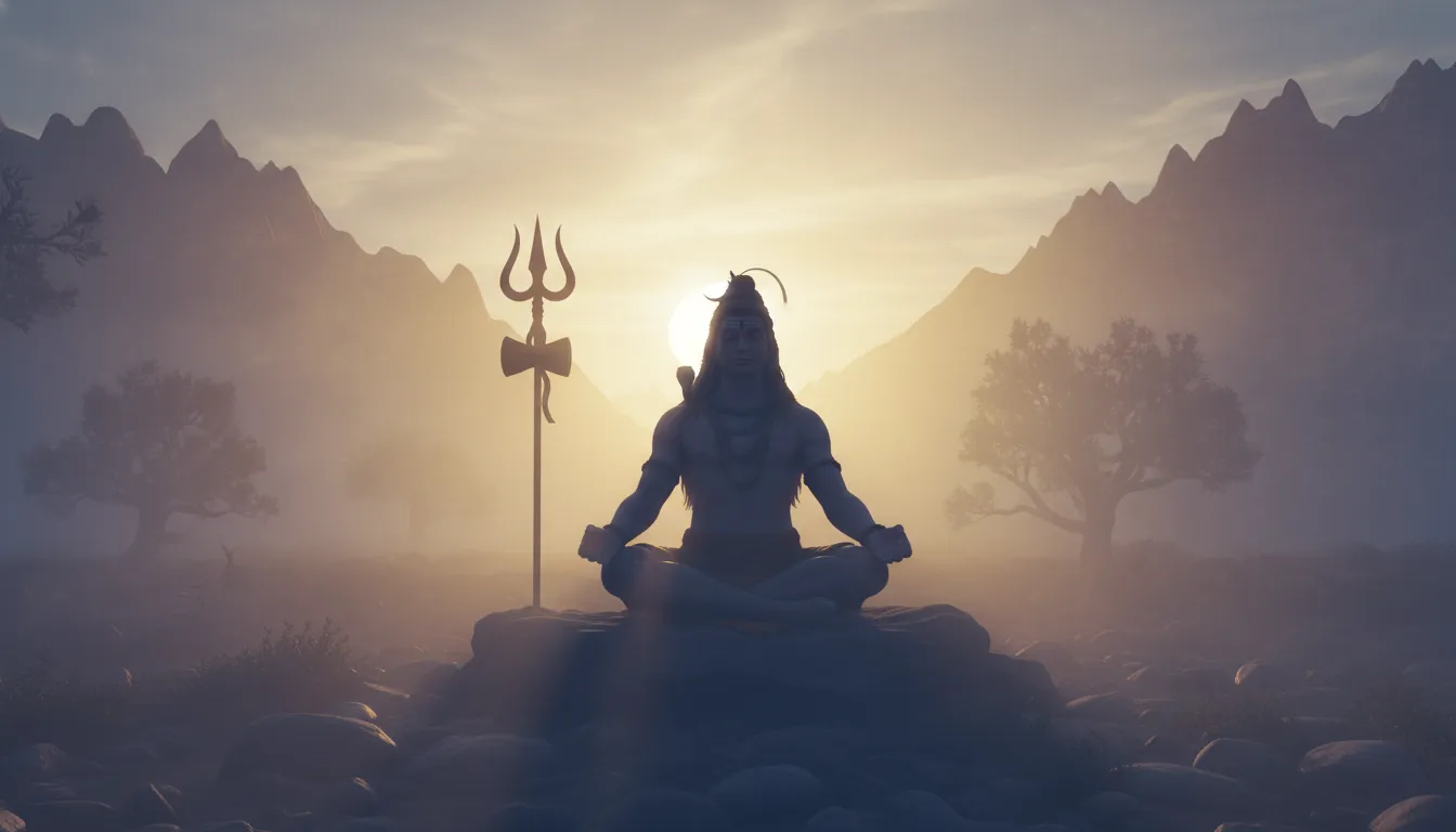 Silhouette of Mahadev meditating in front of a giant trishul during a misty sunrise.