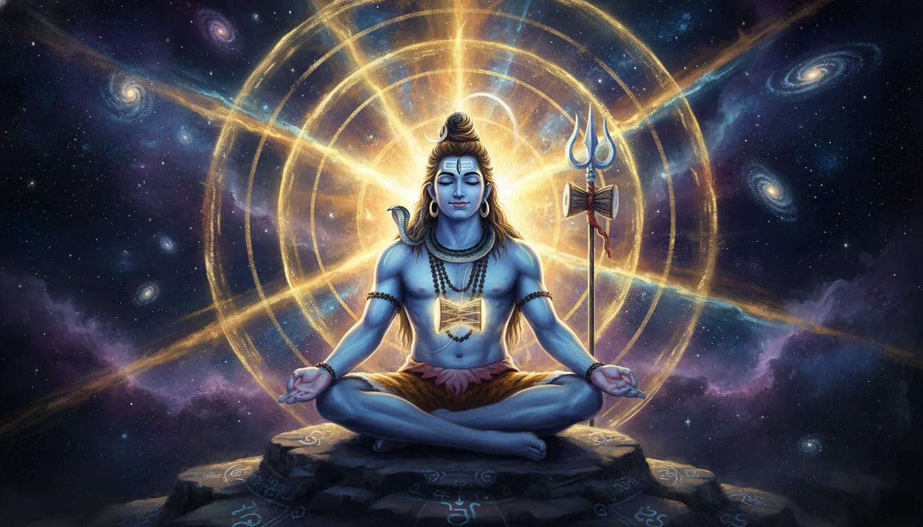 Lord Shiva sitting in deep meditation with a brilliant golden aura around him.
