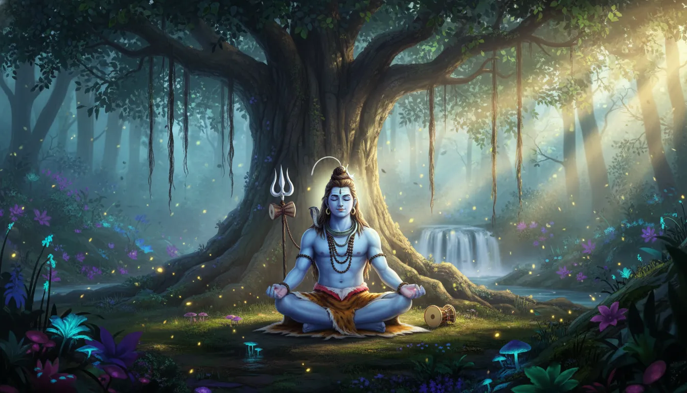 Lord Shiva meditating under an ancient banyan tree with colorful forest background HD.