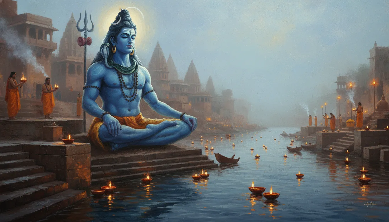Spiritual painting of Mahadev sitting peacefully by the banks of Varanasi Ganga Ghat at sunset.