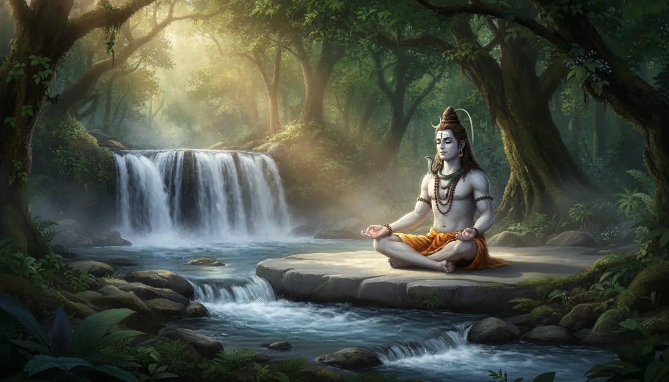 Lord Shiva in meditation next to a flowing waterfall in a peaceful green forest environment