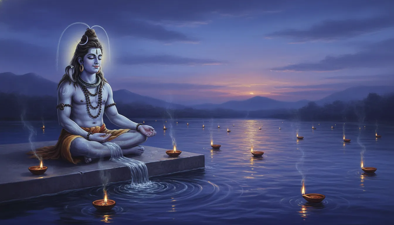 Lord Shiva meditating on a stone platform next to the flowing holy river Ganga at dusk.