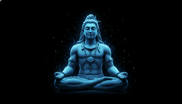 Shiva statue glowing in blue light with peaceful expression representing meditation