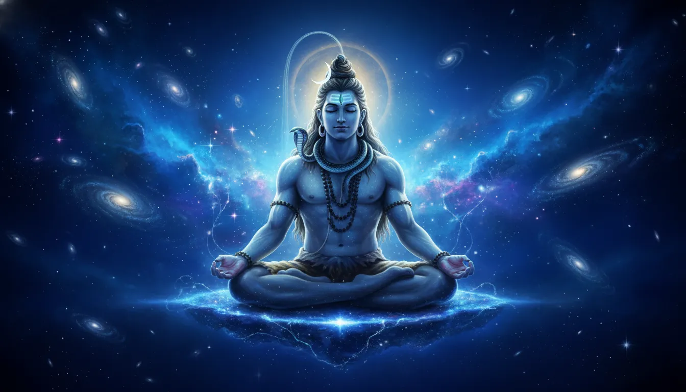 Lord Shiva meditating in cosmic space surrounded by stars and nebulae.