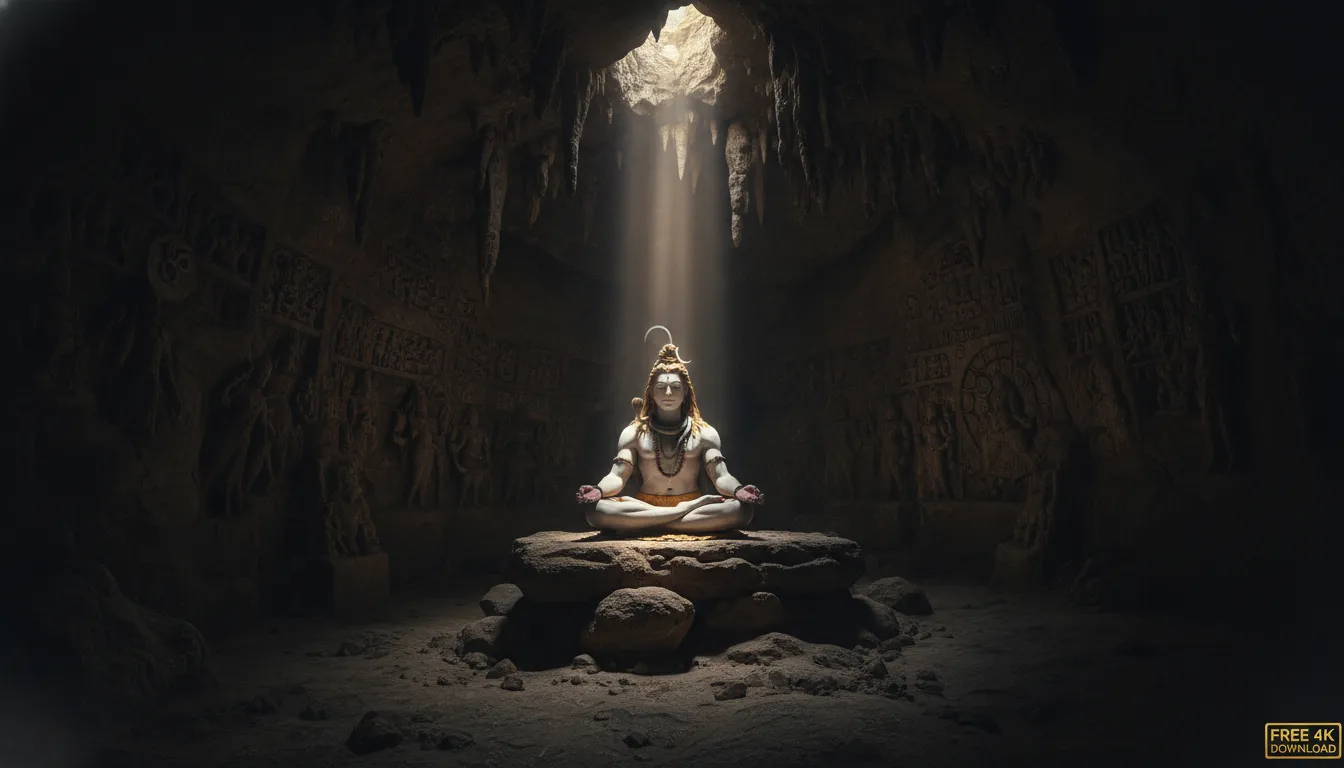 Lord Shiva meditating in dark cave aesthetic wallpaper 4K resolution