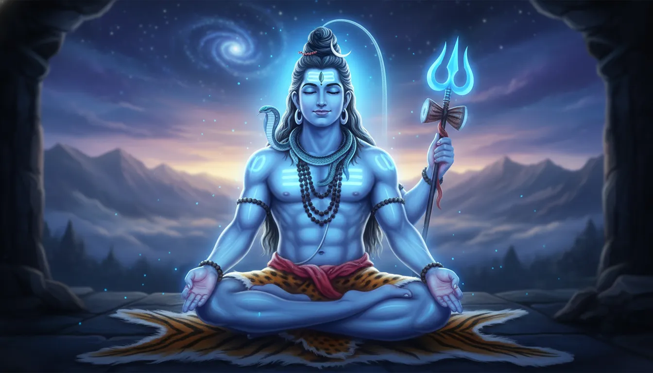 Lord Shiva sitting in deep meditation with a glowing blue aura around him