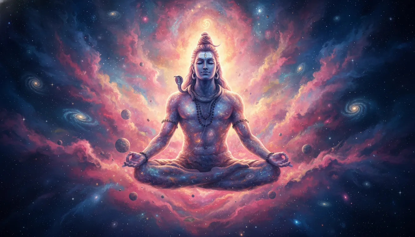 Lord Shiva meditating in the center of the universe with glowing stars and cosmic nebulae.