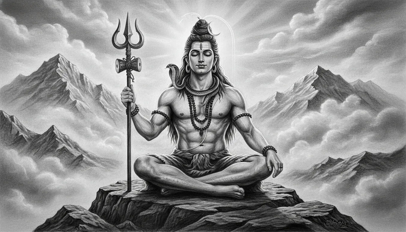 Lord Shiva sitting in meditation pose with trident in black and white mountains