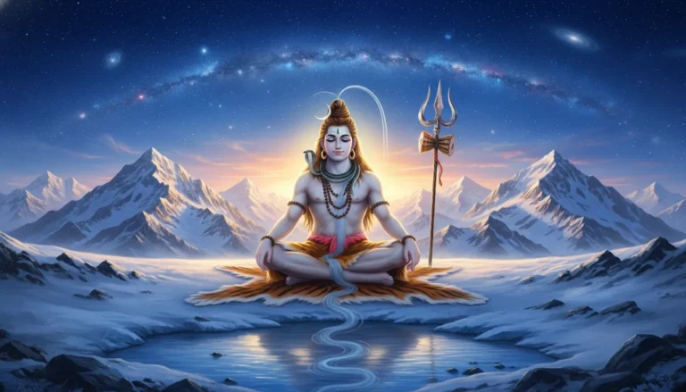 Lord Shiva meditating peacefully in the snow-capped Himalayan mountains banner.