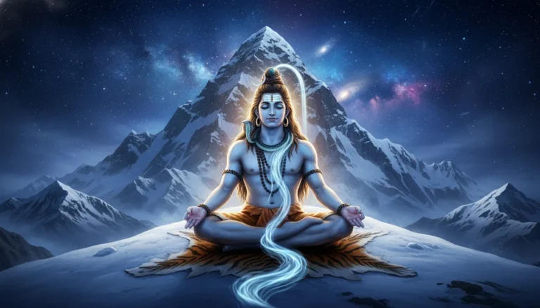 Mahadev photo editing showing Lord Shiva meditating in snow covered Himalayan mountains with a blue neon aura.