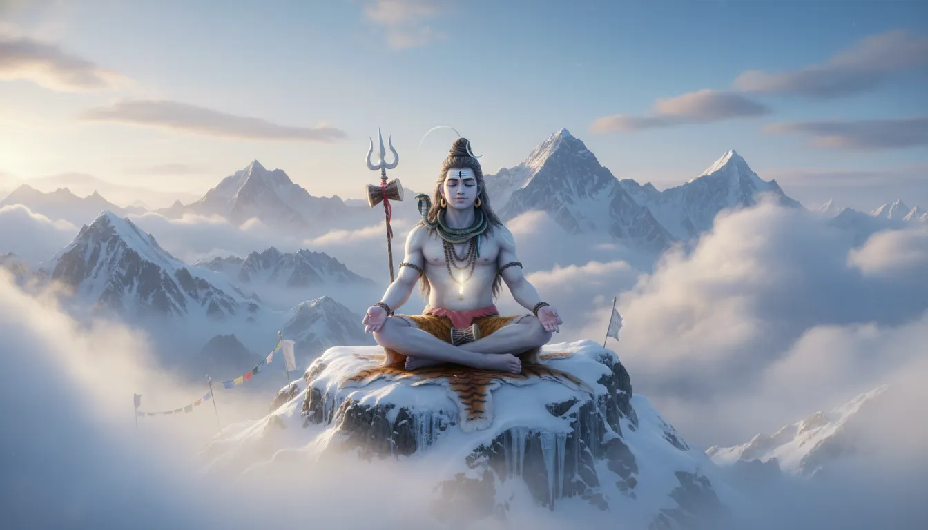 Lord Shiva HD meditation image in snowy Himalayas with calm spiritual atmosphere.