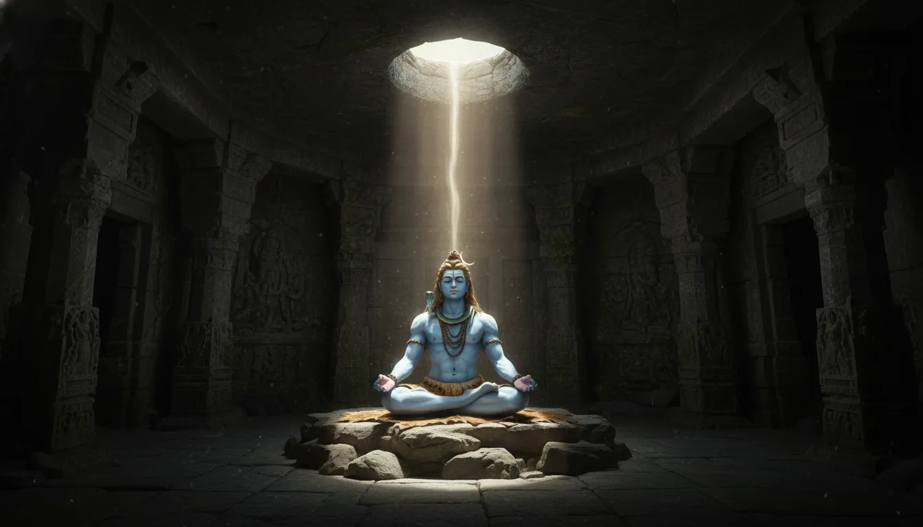 Lord Shiva sitting in meditation inside a dark stone cave illuminated by a single beam of light