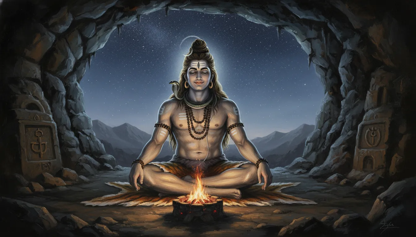 Lord Shiva meditating inside a rocky cave illuminated by a small holy fire at midnight.