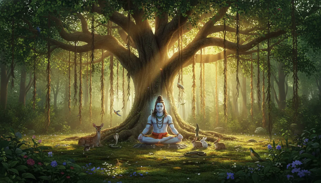 Lord Shiva meditating under a sacred banyan tree with beams of sunlight filtering through the leaves.