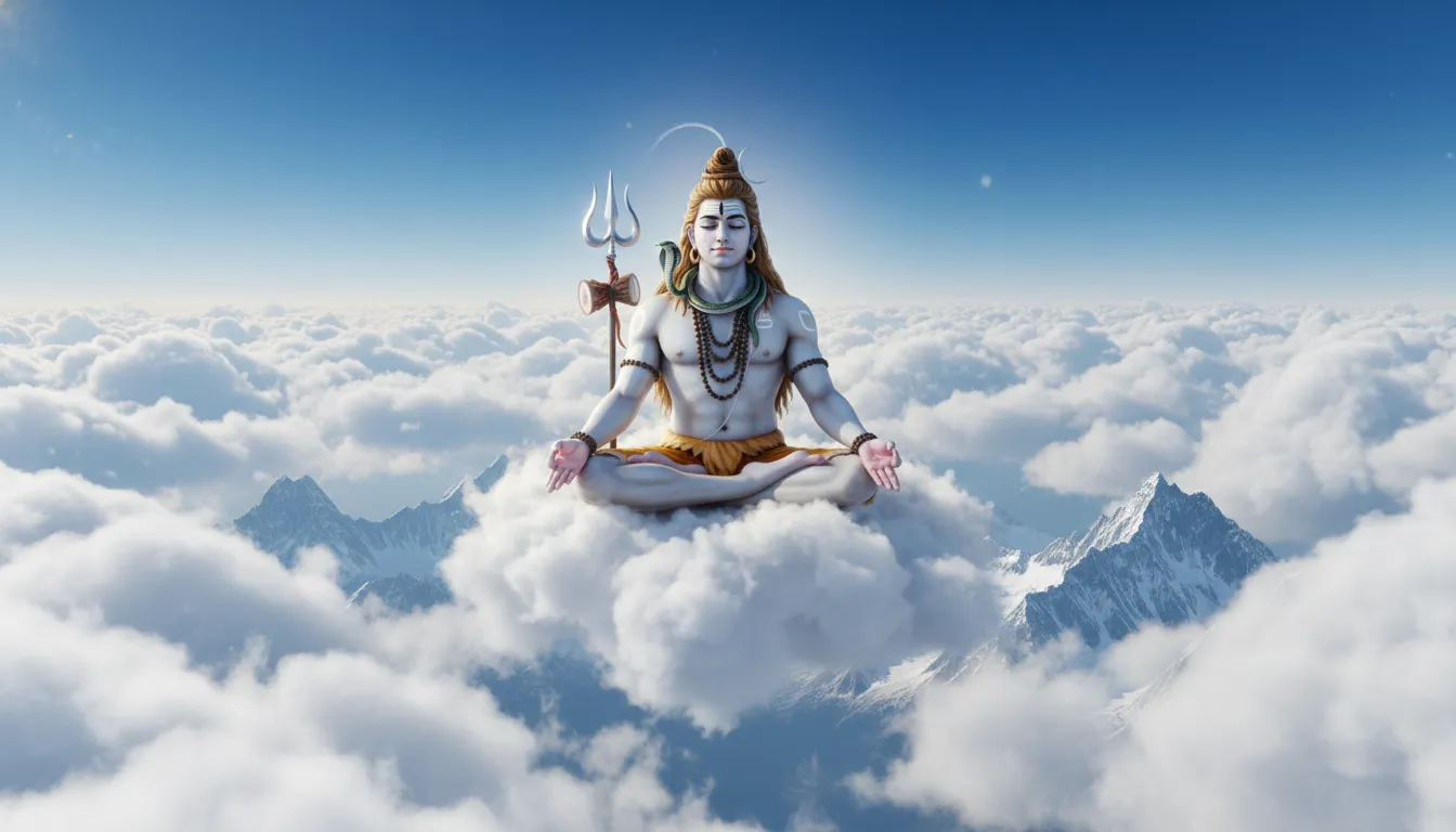 Lord Shiva meditating on Mount Kailash surrounded by thick white mystical clouds