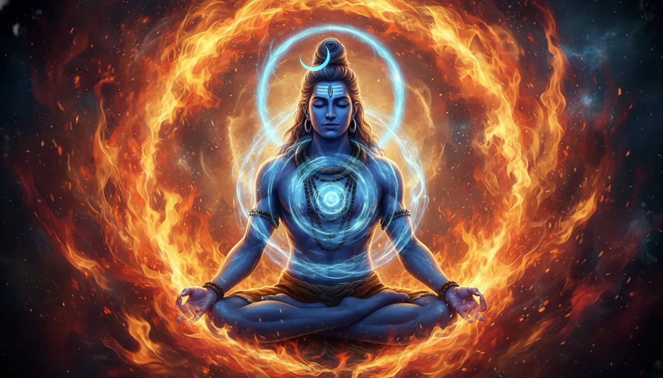 Lord Shiva sitting in deep meditation surrounded by bright orange cosmic fire and a glowing crescent moon.