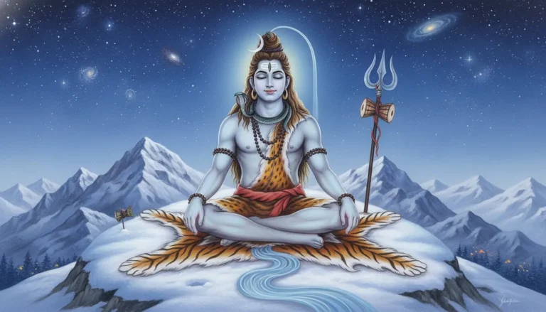 A serene Mahadev photo drawing showing Lord Shiva meditating in the snow-covered Himalayan mountains.