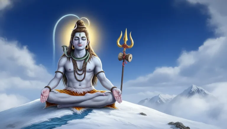 Mahadev background photo showing Lord Shiva meditating peacefully amidst the snow-capped peaks of Mount Kailash with a glowing aura.