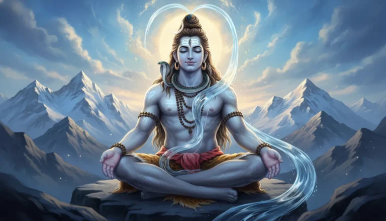 Lord Shiva meditating peacefully on snow-covered Himalayan peaks.