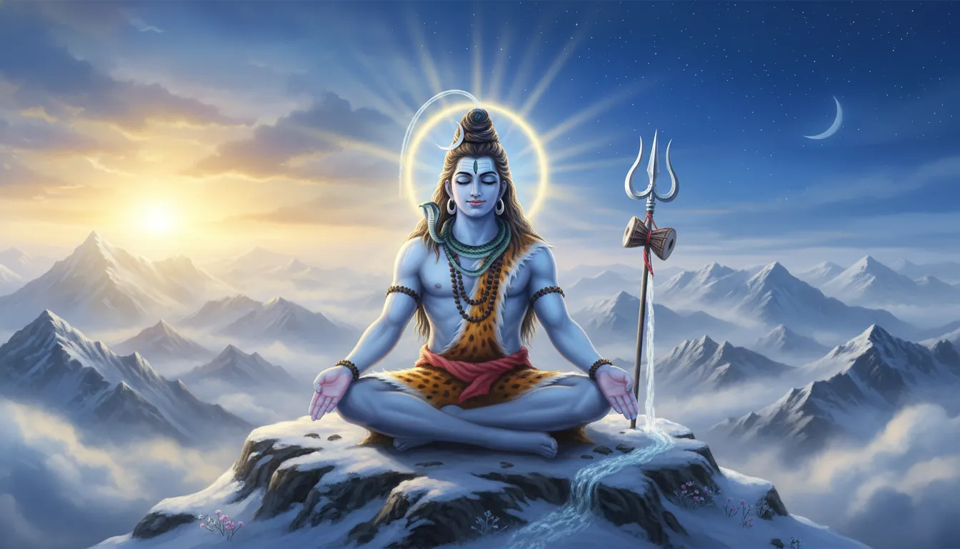 God Shiva HD wallpapers 1080p of Mahadev meditating on snow-covered Mount Kailash.