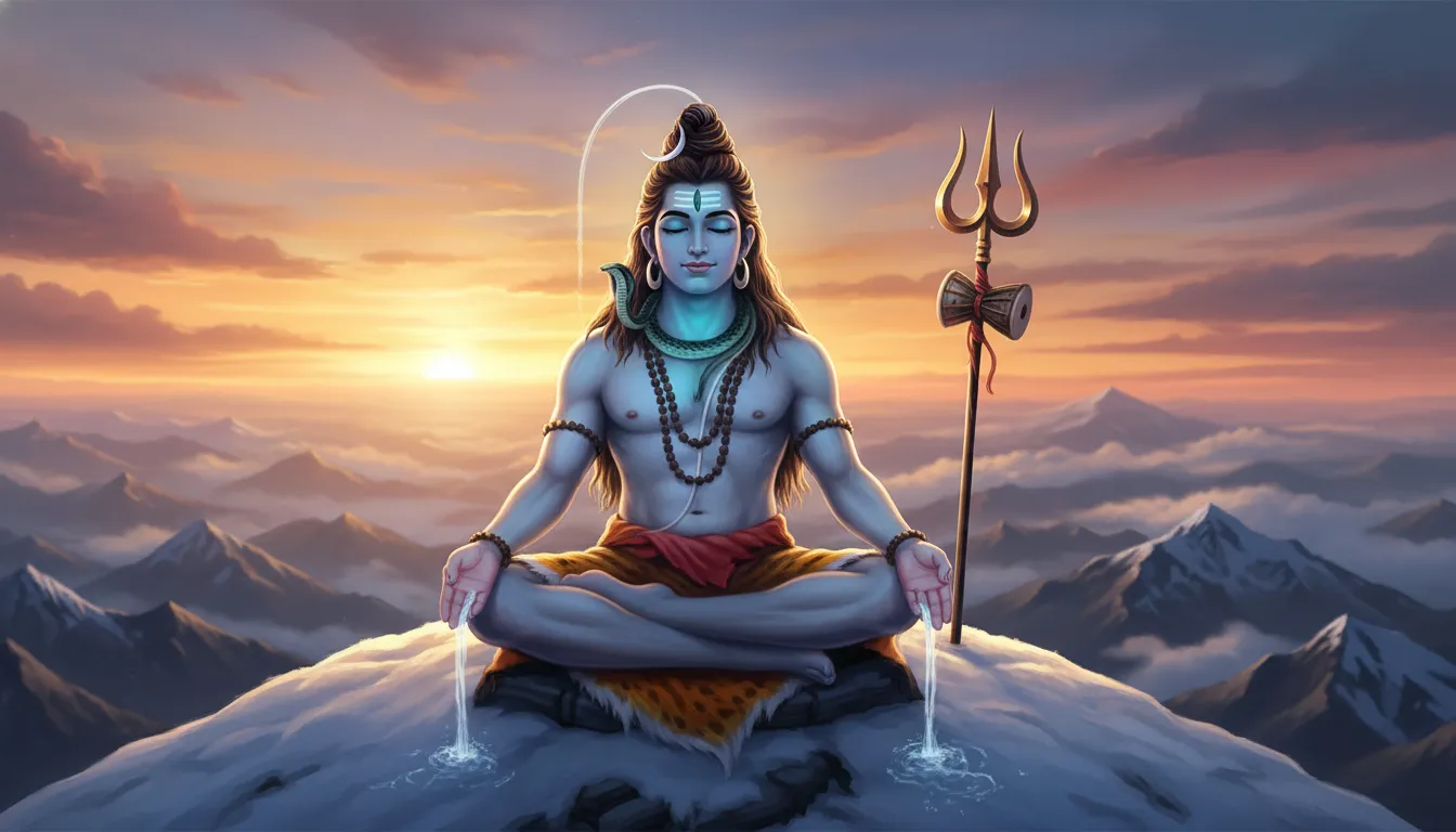 Lord Shiva in deep meditation on snow-covered Mount Kailash in full HD 1080p.