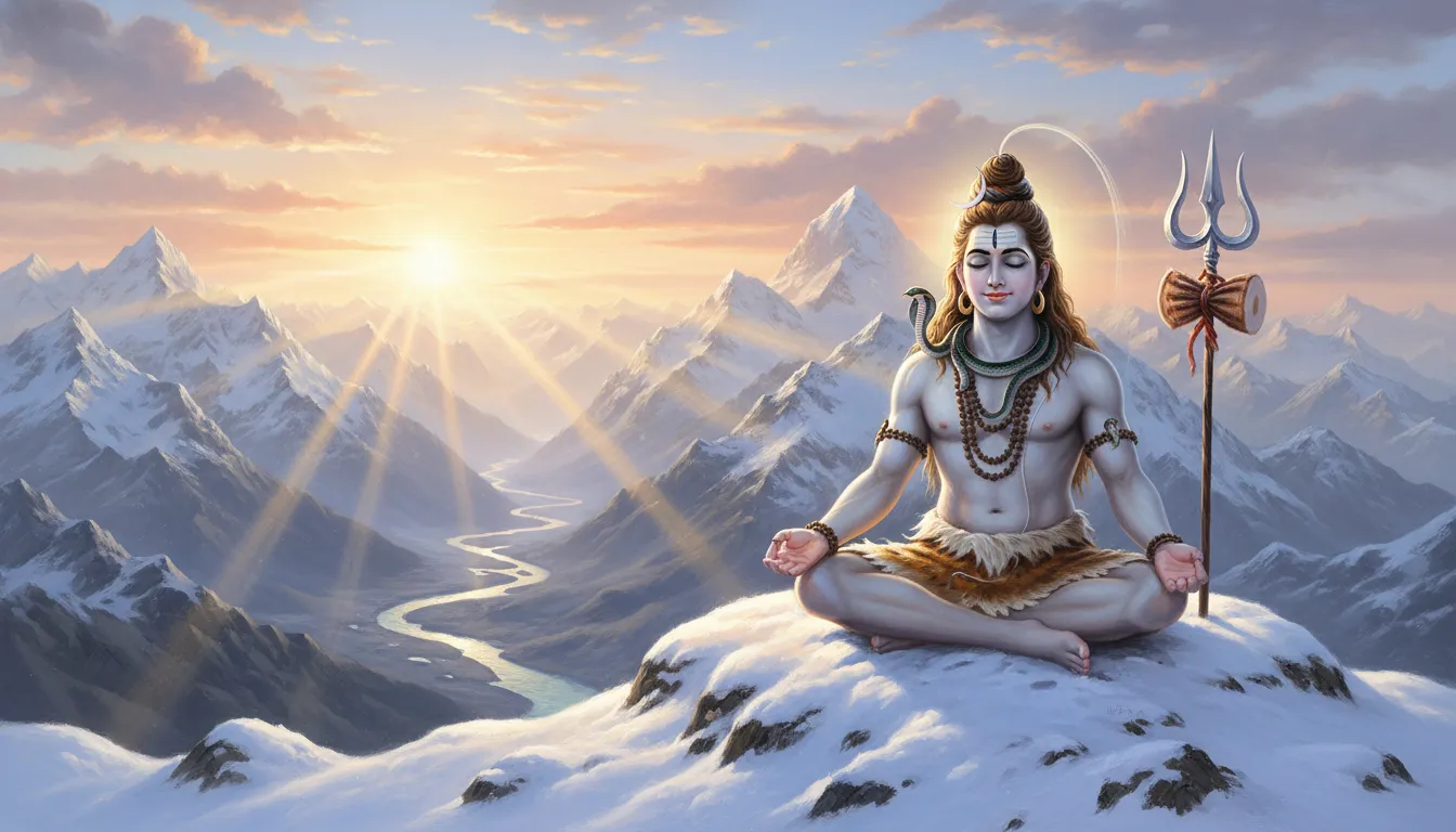 Lord Shiva sitting in deep meditation on a snow-covered mountain peak with a trident beside him during sunrise
