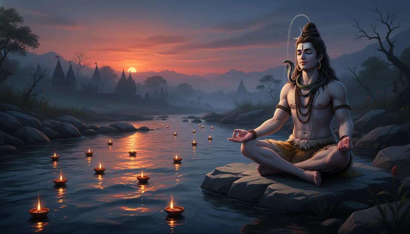 Digital painting of Lord Shiva in meditation on the rocky banks of the holy Ganges river at dusk