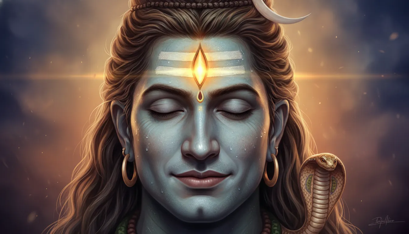 A close-up shot of Lord Shiva meditating with a glowing third eye.