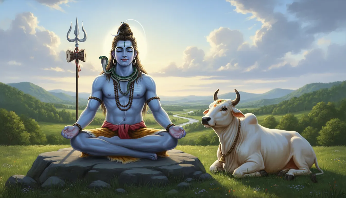 Artistic painting of Lord Shiva meditating calmly with his sacred bull Nandi sitting peacefully beside him