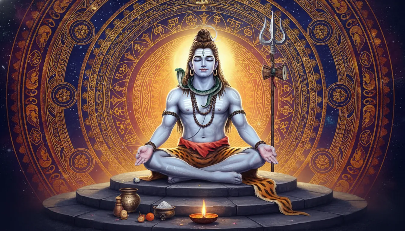 : Illustration of Lord Shiva sitting in meditation with trident and sacred items
