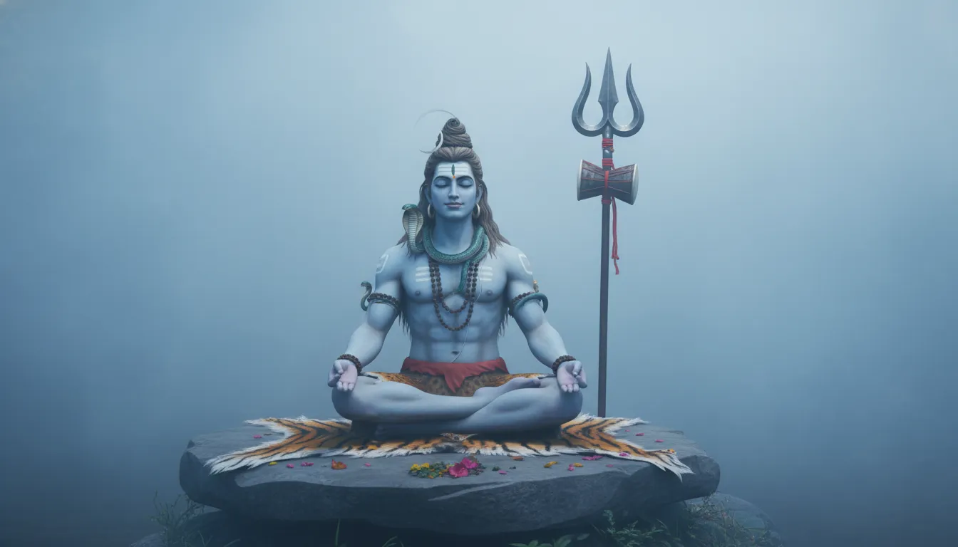 Lord Shiva sitting in meditation with his Trishul and Damru by his side.
