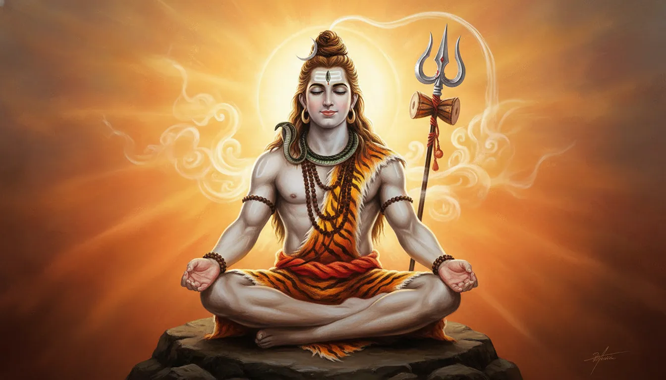 Artistic painting of Lord Shiva meditating with a trident in the background and a crescent moon in his hair.