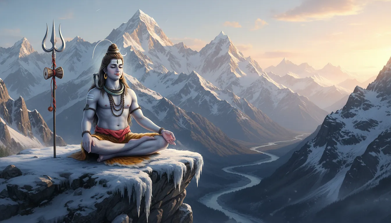 Lord Shiva meditating in the snow-covered Himalayas with a trident by his side during sunrise