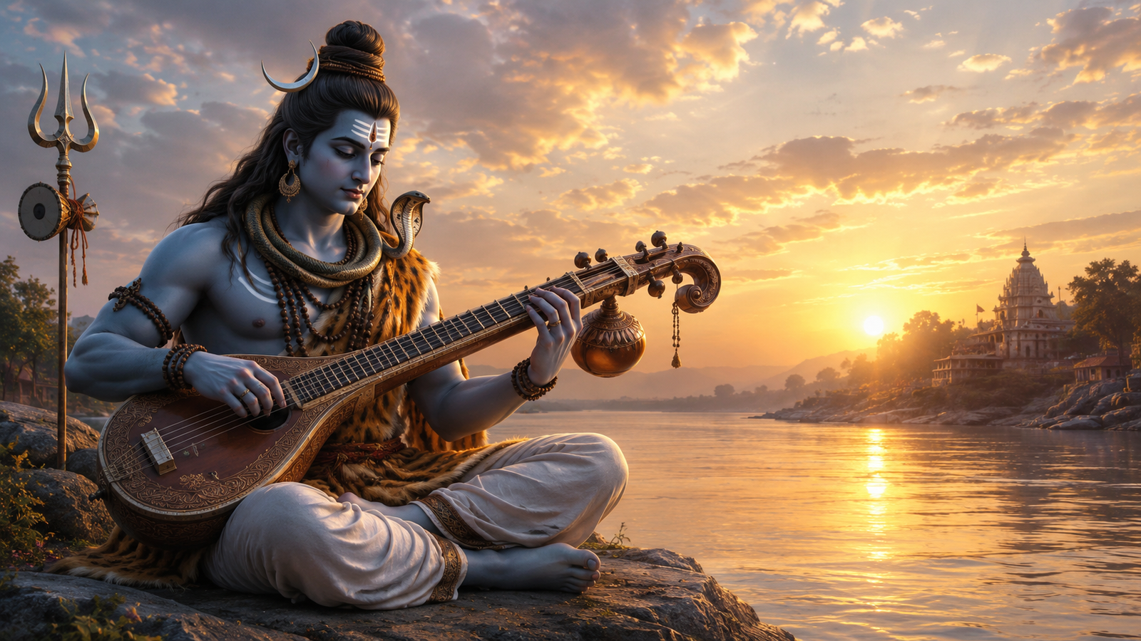 Close up shot of Lord Shiva holding a Veena instrument near a river bank during a golden sunrise.