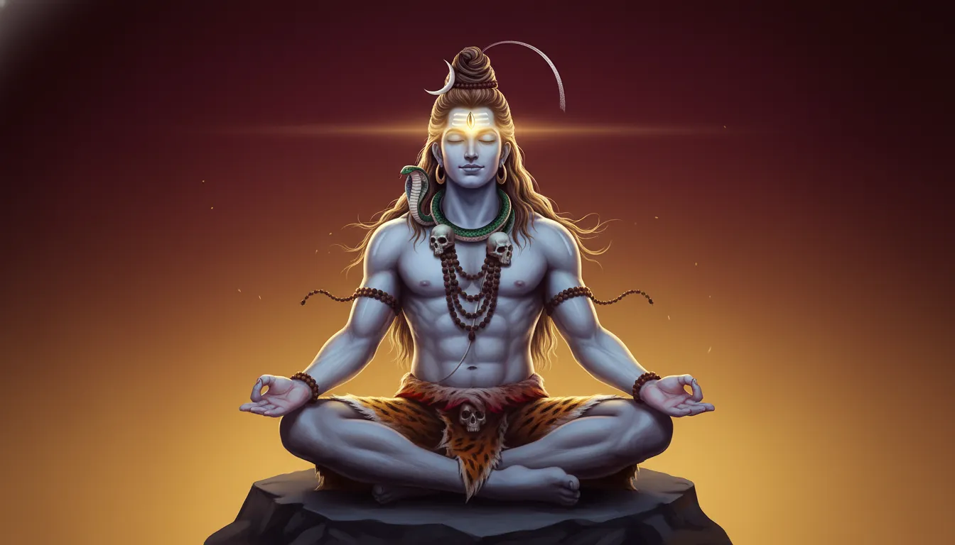 Lord Shiva meditating with a subtle golden glow originating from his closed third eye.