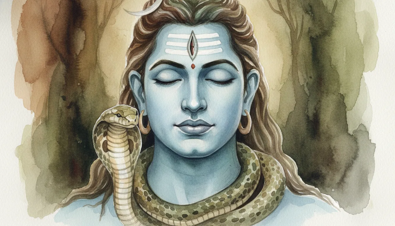 Lord Shiva in deep meditation with the serpent Vasuki coiled gently around his neck.