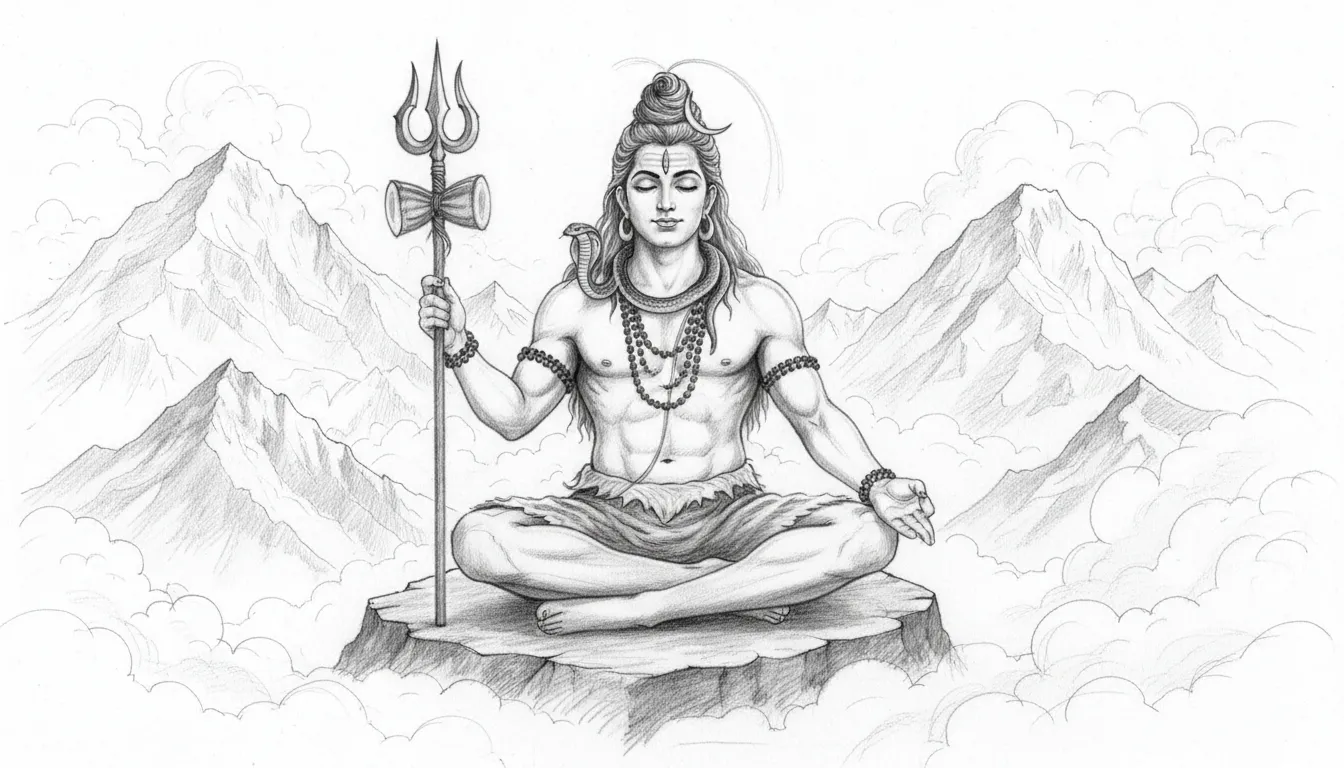 Lord Shiva pencil drawing meditating in Himalayas with trishul