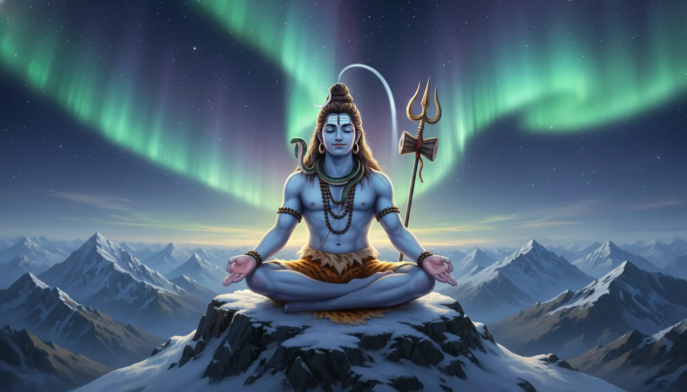 Lord Shiva meditating in snowy Himalayas with aurora sky