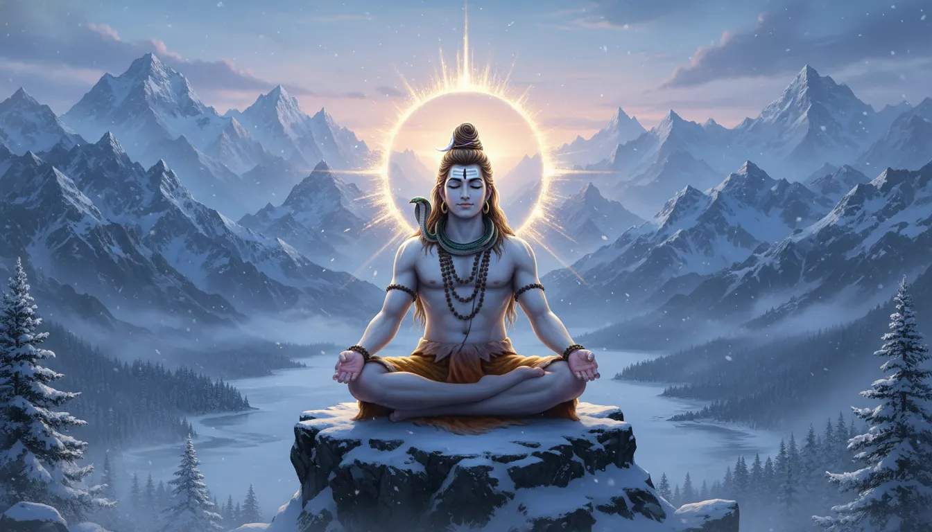 Lord Shiva meditating peacefully in snowy Himalayan mountains with glowing aura