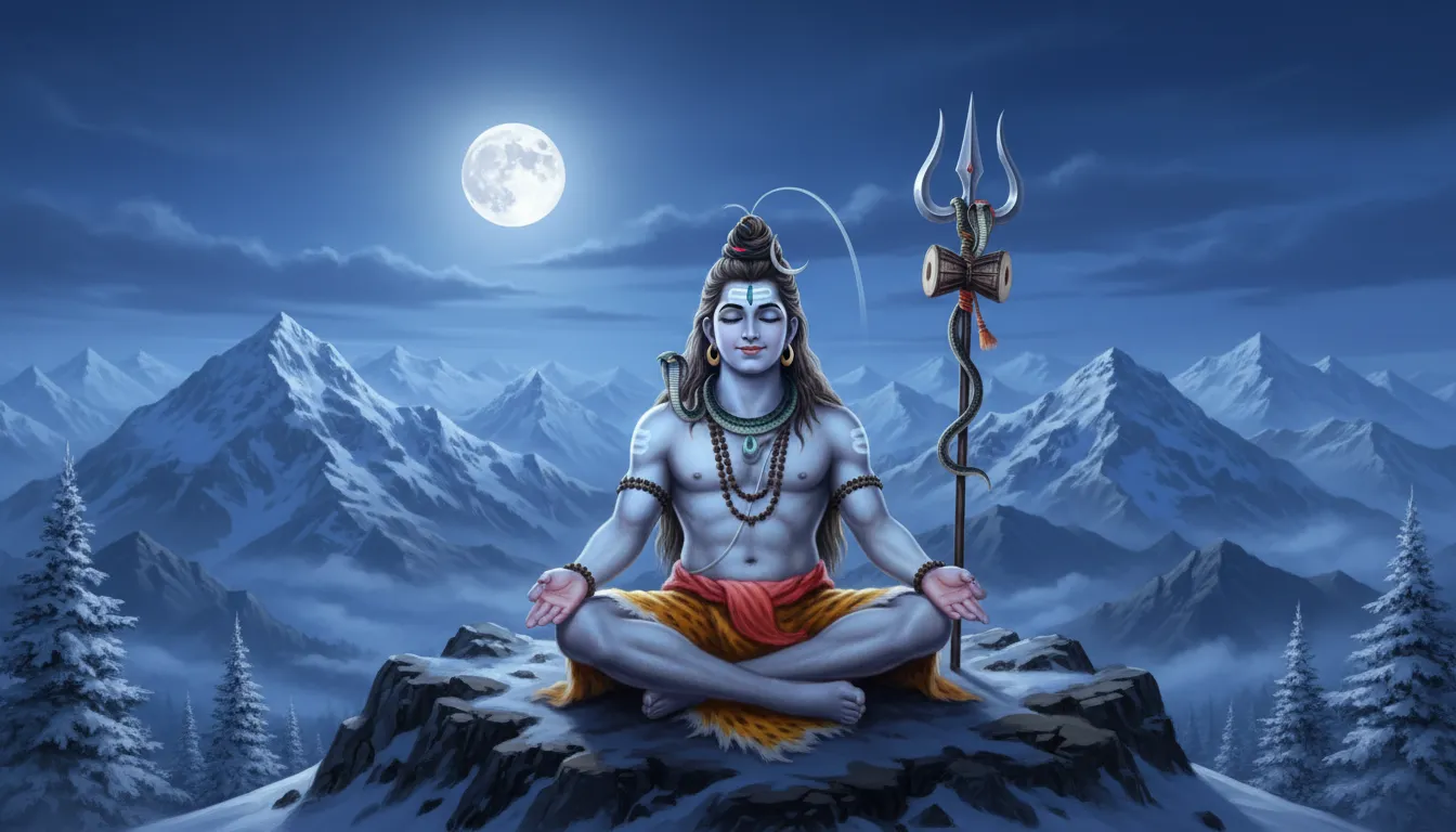 Lord Shiva meditation image in the Himalayas with trishul and moonlit sky