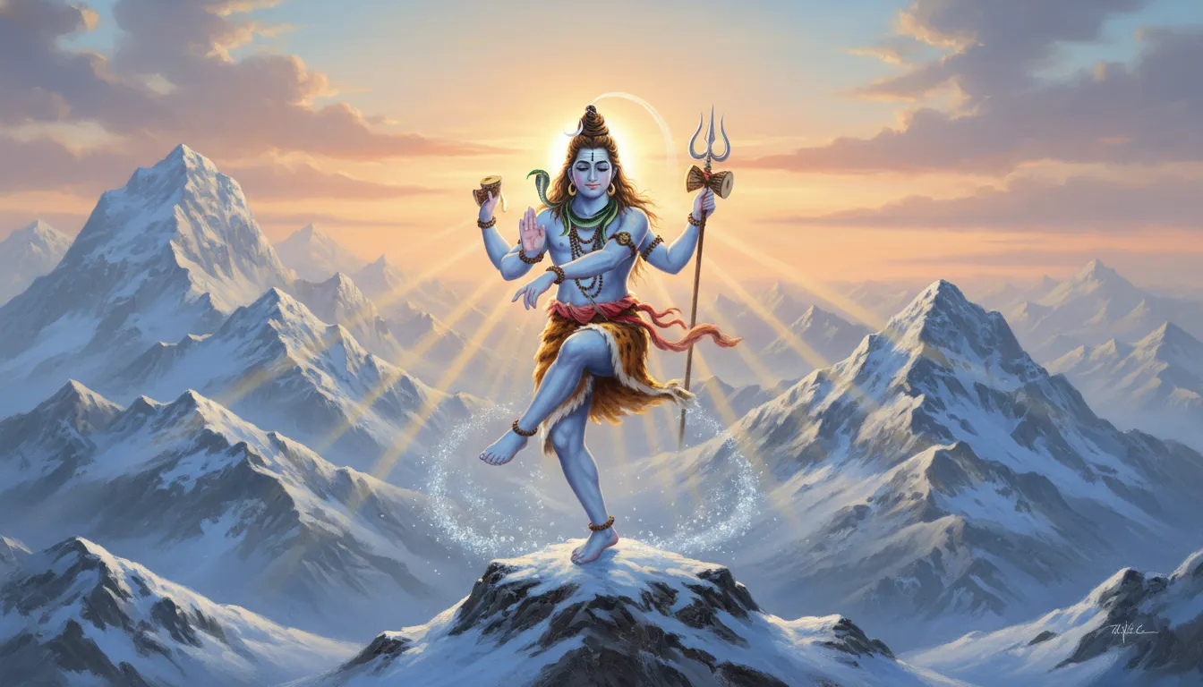 Lord Shiva dancing gracefully on snow covered Himalayan mountain peaks