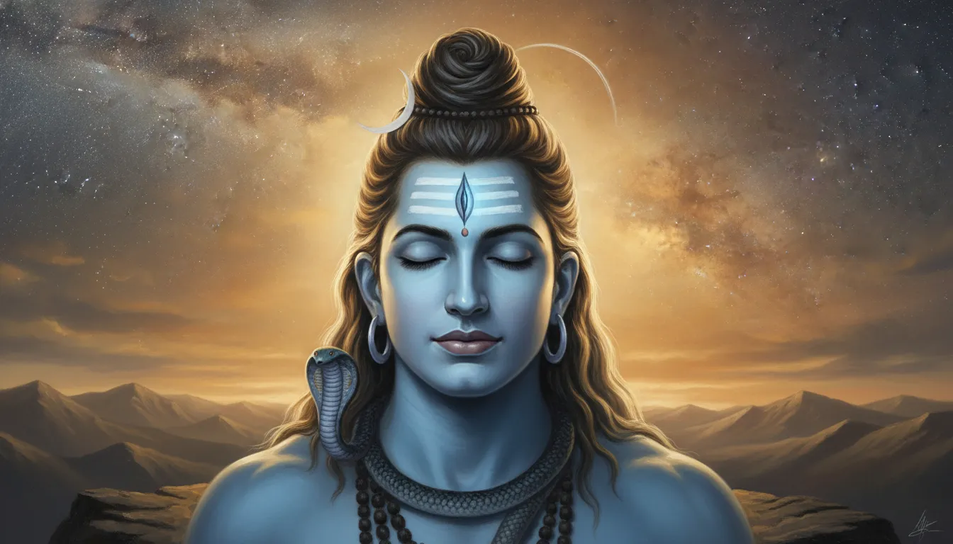 Divine portrait of Lord Shiva with a glowing third eye in deep meditation